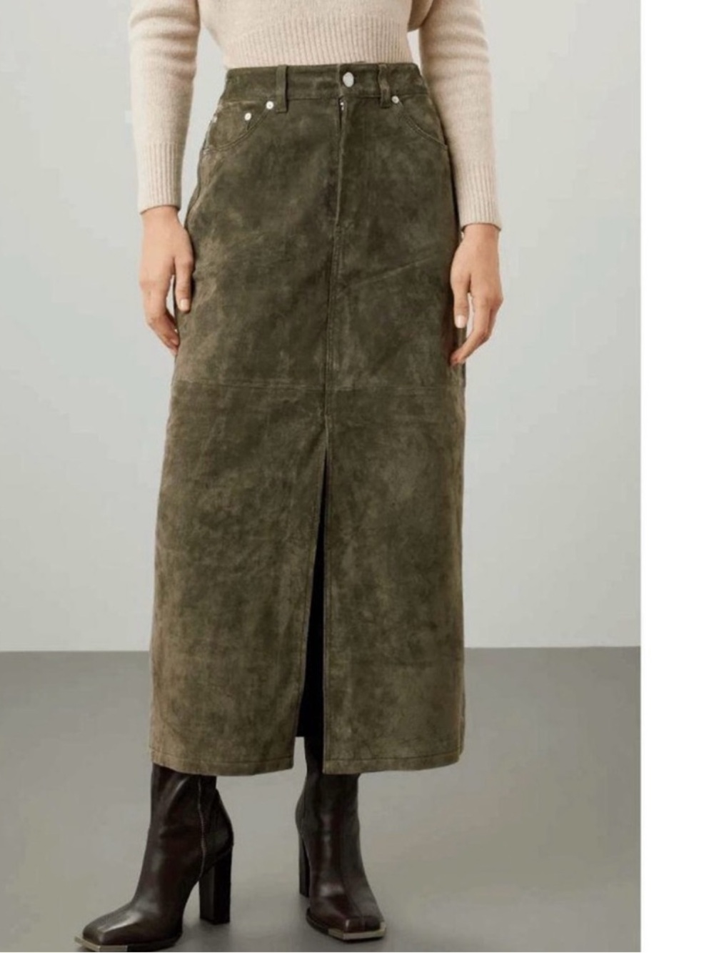 BLANKNYC Hunter Green 100% Suede Leather Midi Skirt Front Slit Size 28